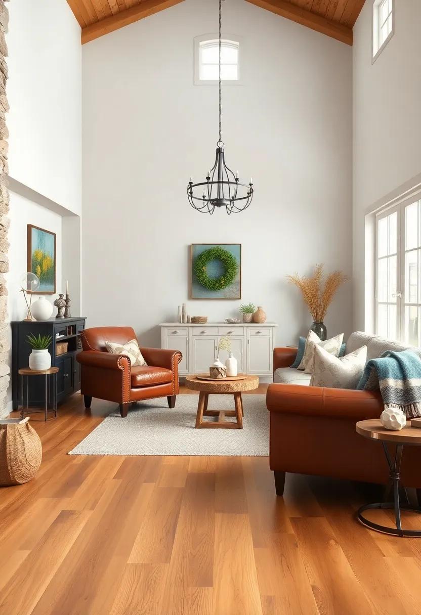 Antique Leather Armchairs Paired With Natural Wood Floors and Farmhouse Style Textiles