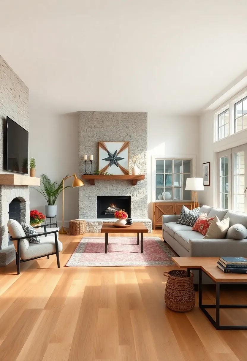 Farmhouse Elegance Evoked by a Stone Fireplace Surround and Warm Natural Wood Plank Floors