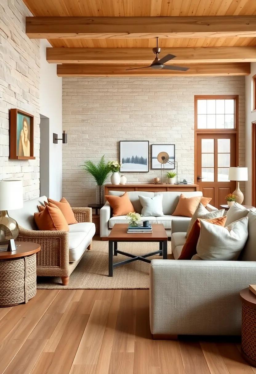 Soft Throw Pillows in Earth Tones Contrasted Against Natural Wood Planks in a Farmhouse Setting