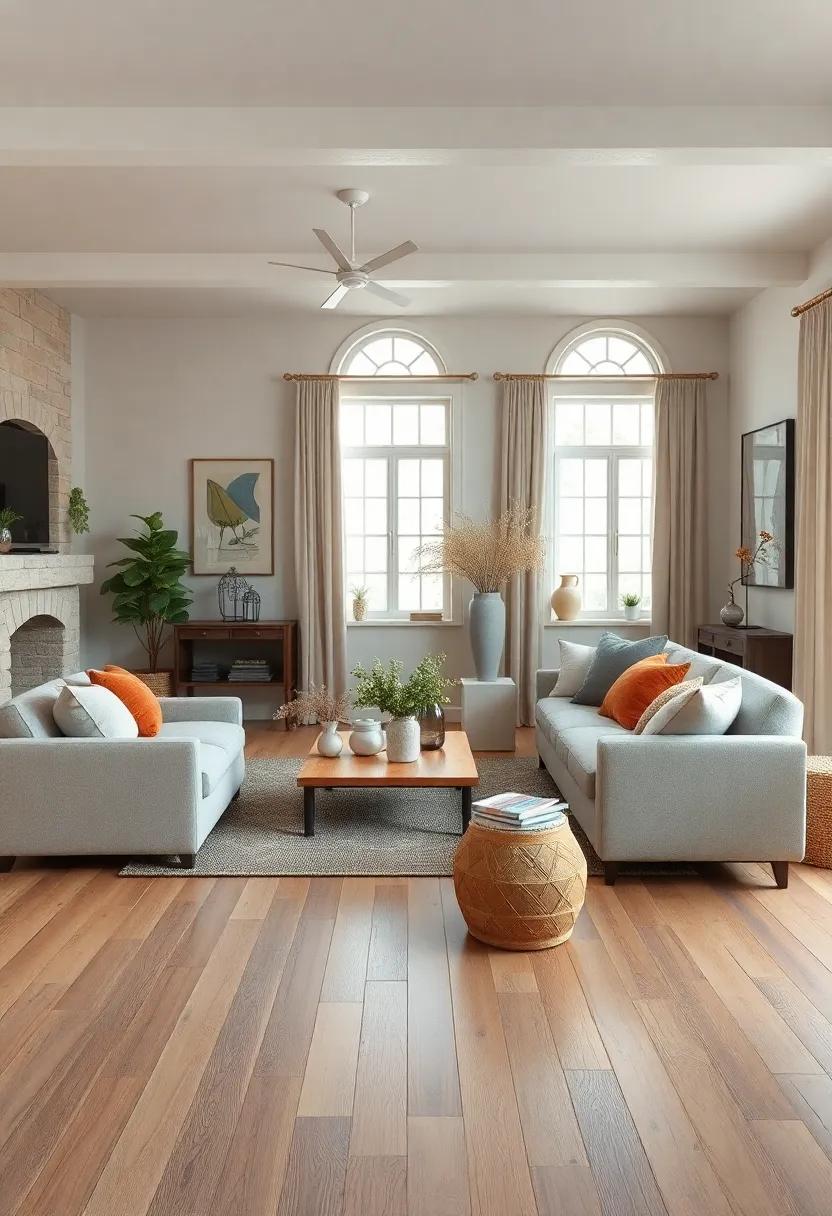 Neutral Stoneware and Ceramic Accents Complementing Natural Wood Floors in a Cozy Farmhouse Space