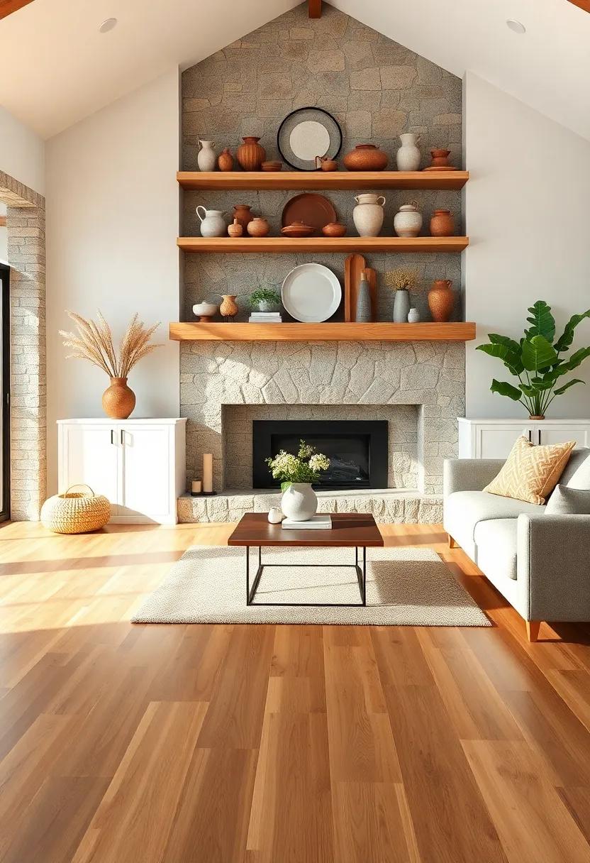Open Shelving Displaying Rustic Pottery Above Natural Wood Floors in a Serene Farmhouse Space