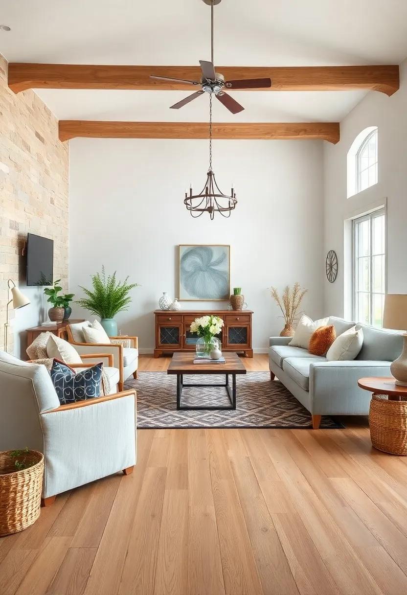 Soft Neutral Color Palette Complementing Natural Oak Floors and Vintage Farmhouse Furniture