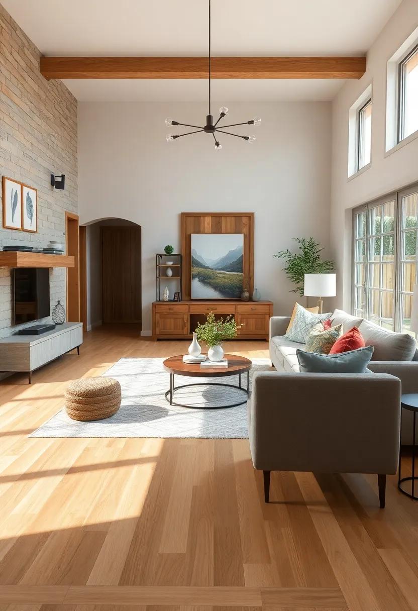 Farmhouse Living Room With Reclaimed Barn Wood Accents and Rich Natural Hardwood Flooring