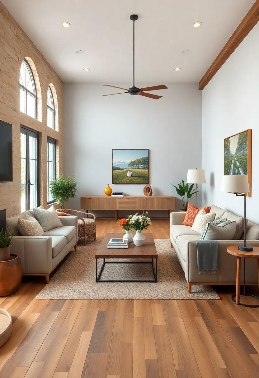 Breezy Farmhouse Living Room With Natural Wood Floors and Simplicity in Design Accents