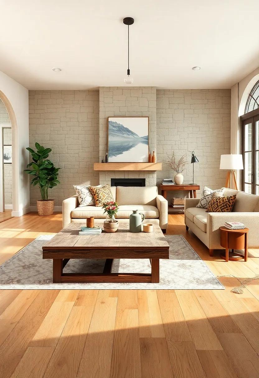 Sunlight Filtering Through Linen Curtains Illuminates a Cozy Farmhouse Living Room With Wooden Plank Flooring