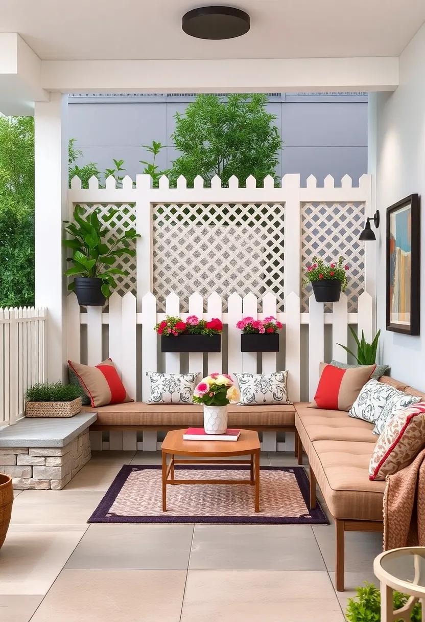 Classic White Picket Fences Transformed by Built-In Seating with Decorative Lattice and Flower Pots
