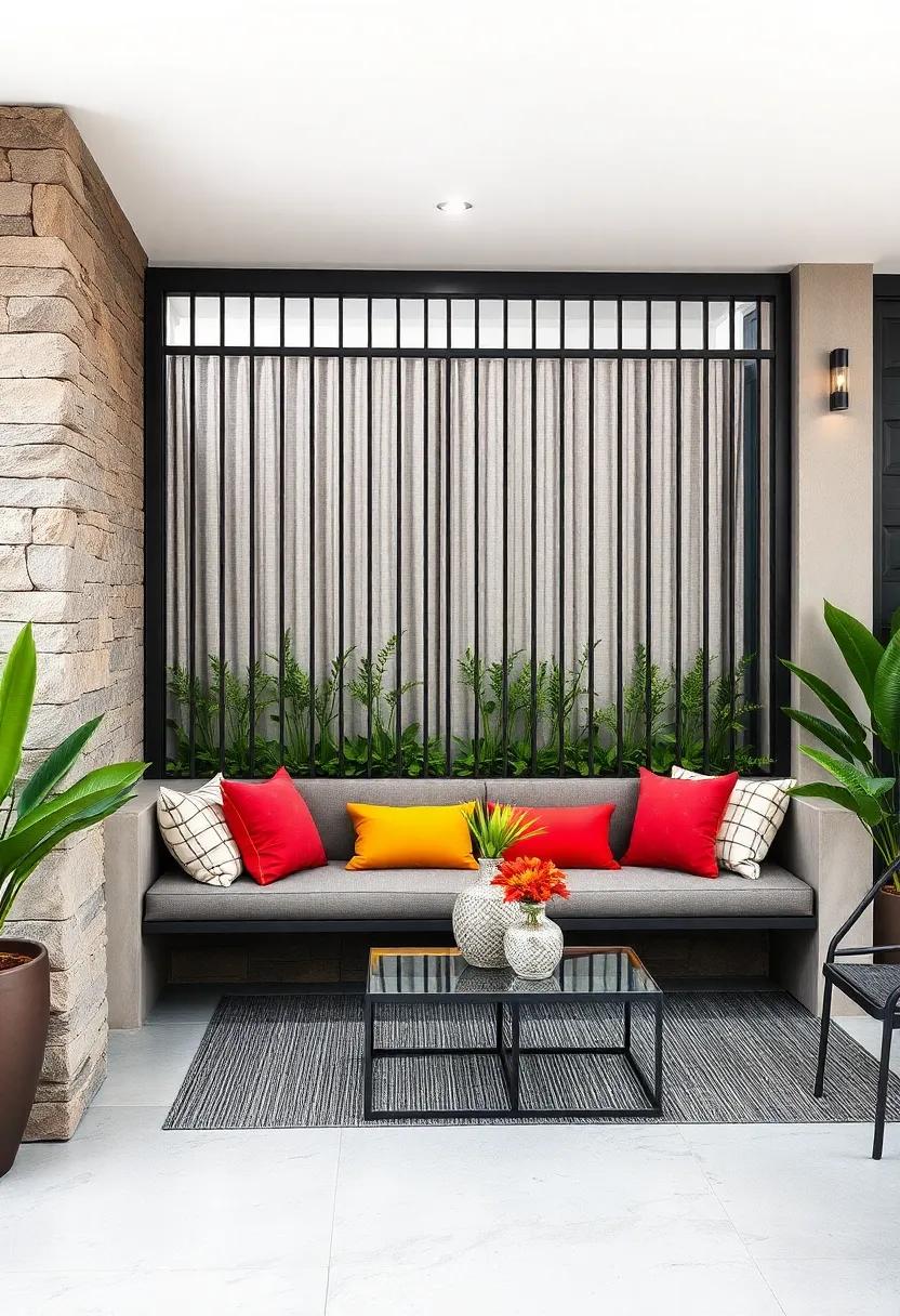 Contemporary Metal Fence Frames Enhanced with Sleek Built-In Benches and Vibrant Accent Pillows