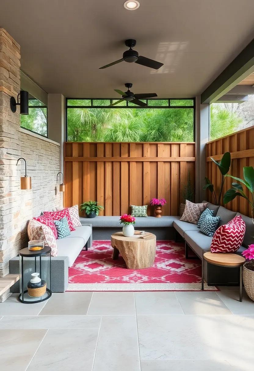 Eclectic Fence Styles Mixing Different Materials and Seating Shapes for Unique Backyard Harmony