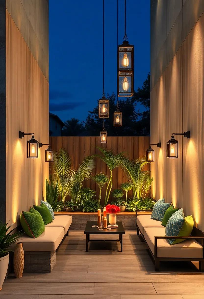 Fence Panels Supporting Hanging Lanterns Over Built-In Seating for Magical Twilight Garden Scenes