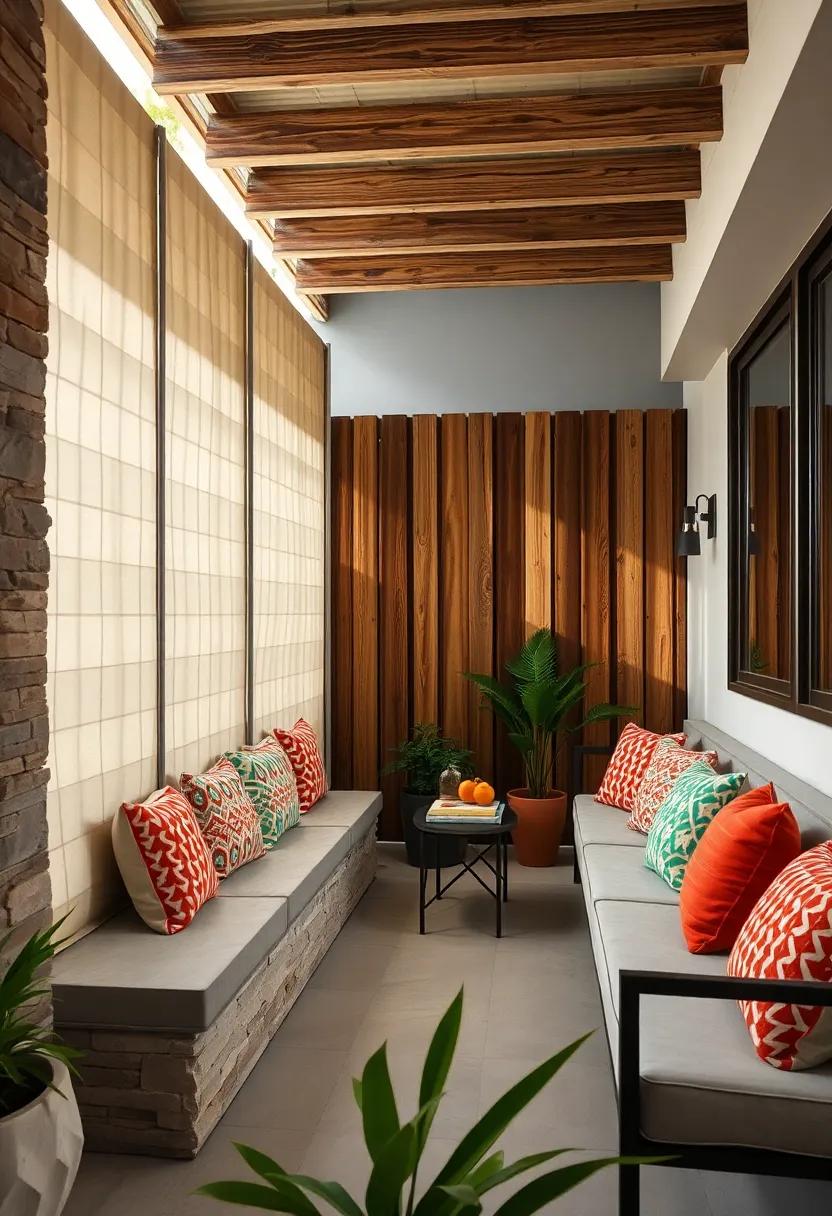 Rustic Charm of Weathered Timber Fences Paired with Built-In Seating and Colorful Outdoor Cushions
