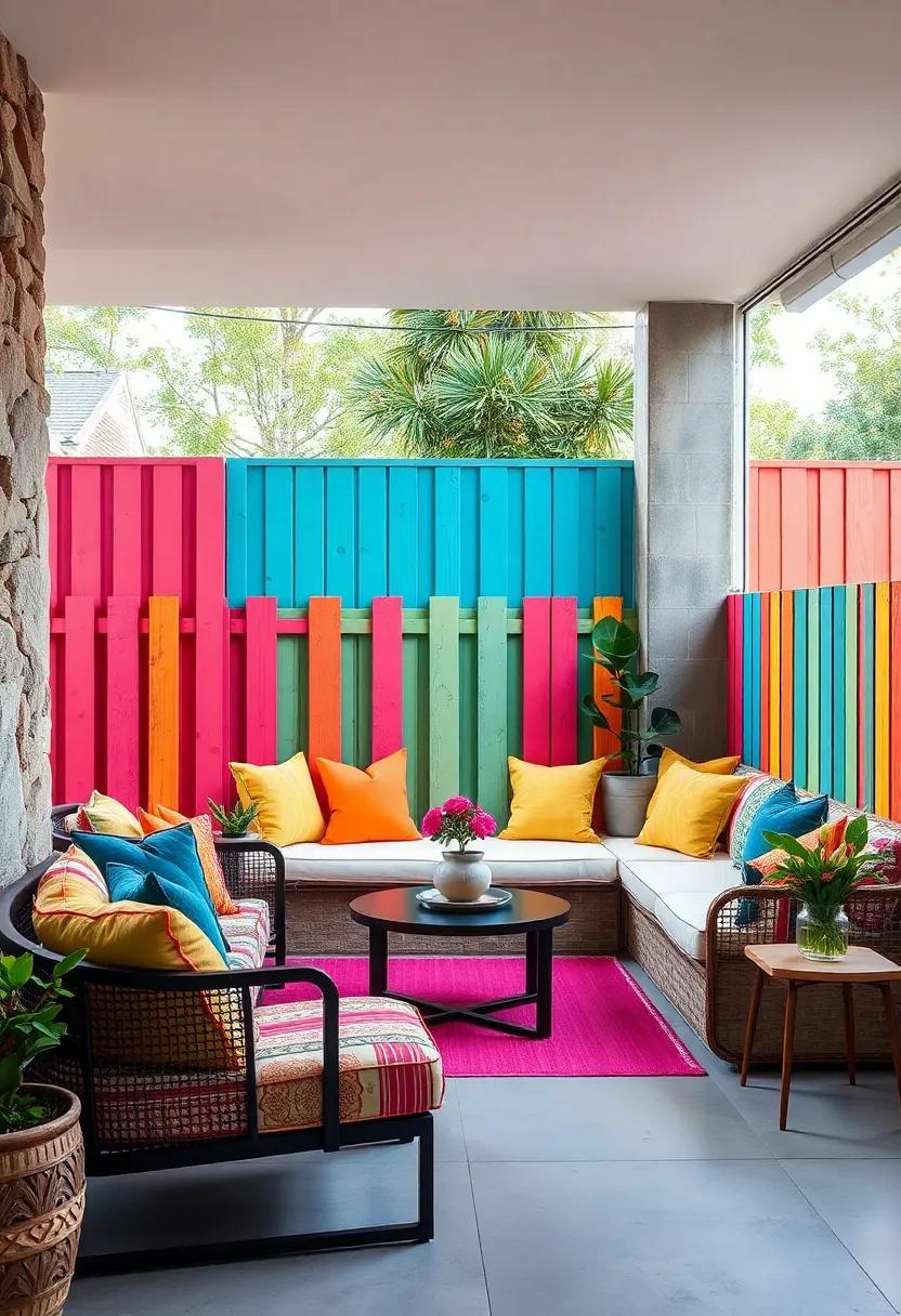 Vibrant Painted Fence Backdrops Complementing Colorful Built-In Seating Cushions and Yard Accessories