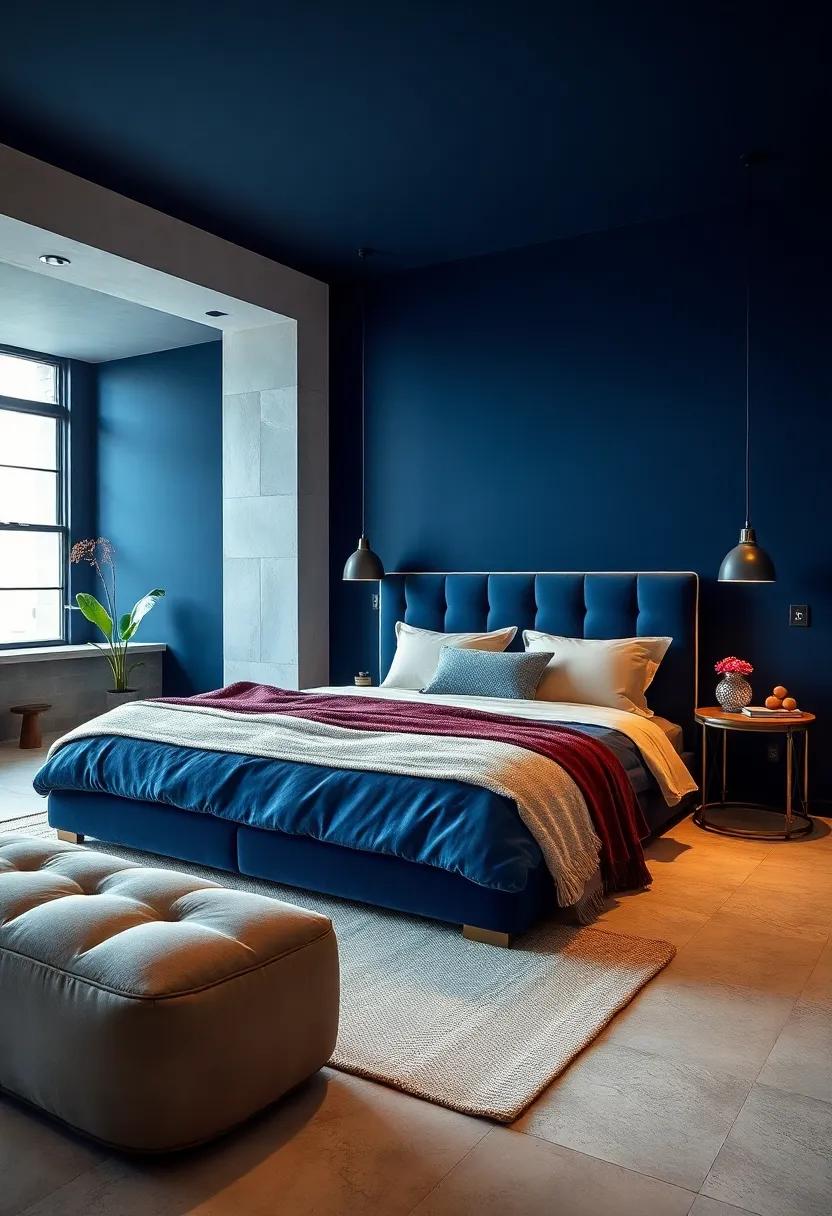 Elevate Your Space With Plush Navy Blue Velvet Upholstered Beds and Soft Textured Throws
