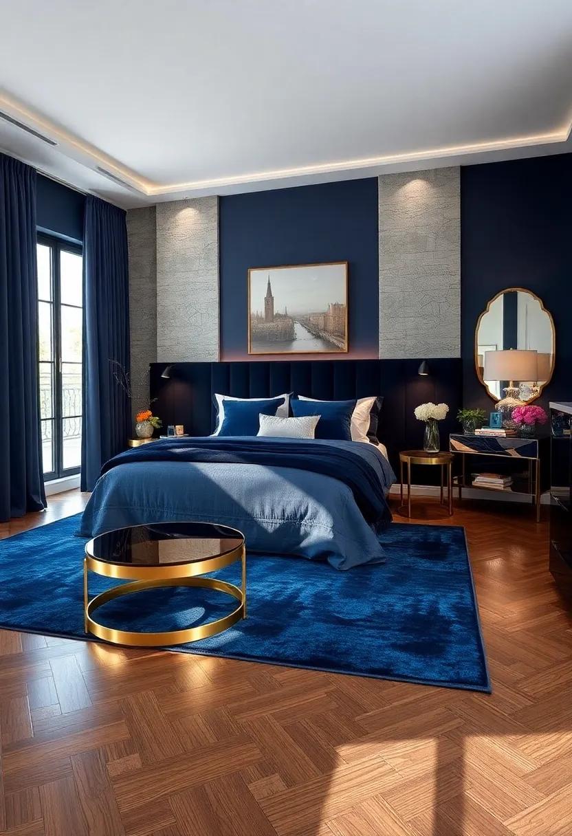 Dark Hardwood Floors Complemented By Navy Blue Rugs And Elegant Gold Side Tables