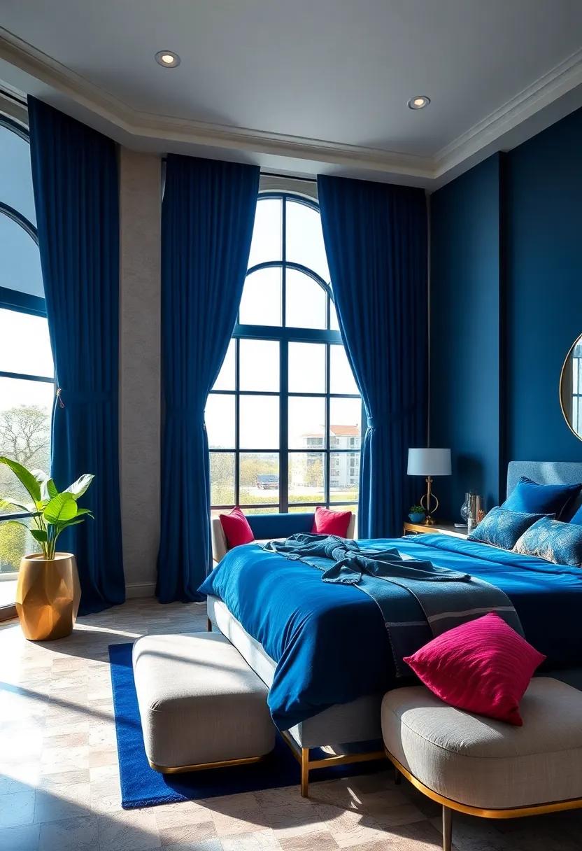 Deep Navy Blue Drapes With Gold Tiebacks Framing Large Windows To Create A Grand, Luxe Look