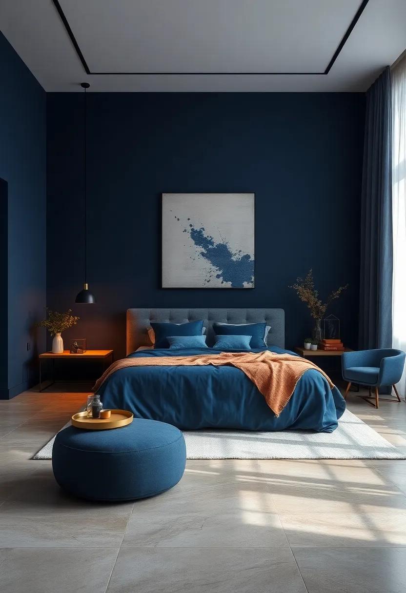 A Serene Navy Blue Bedroom Featuring Floor-Length Sheer Curtains and Warm Ambient Lighting