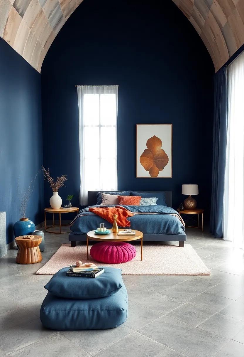An Open, Airy Navy Blue Bedroom Styled With Minimal Accessories And Natural Light Sources