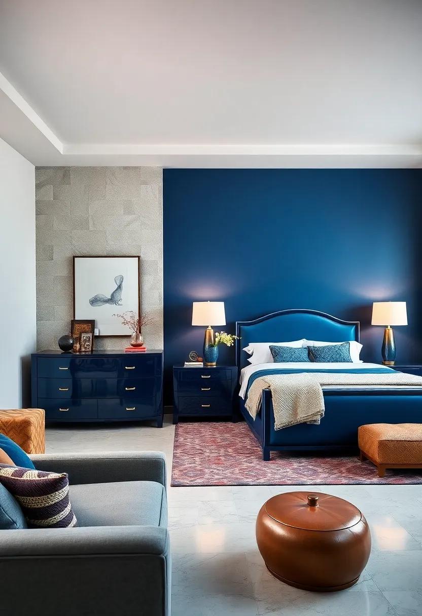Gleaming Navy Blue Lacquered Dressers And Nightstands Infuse The Room With Polished Charm