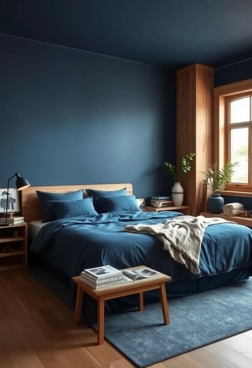 A Rustic Meets Navy Blue Bedroom Featuring Natural Wood Elements And Soft Linen Textures