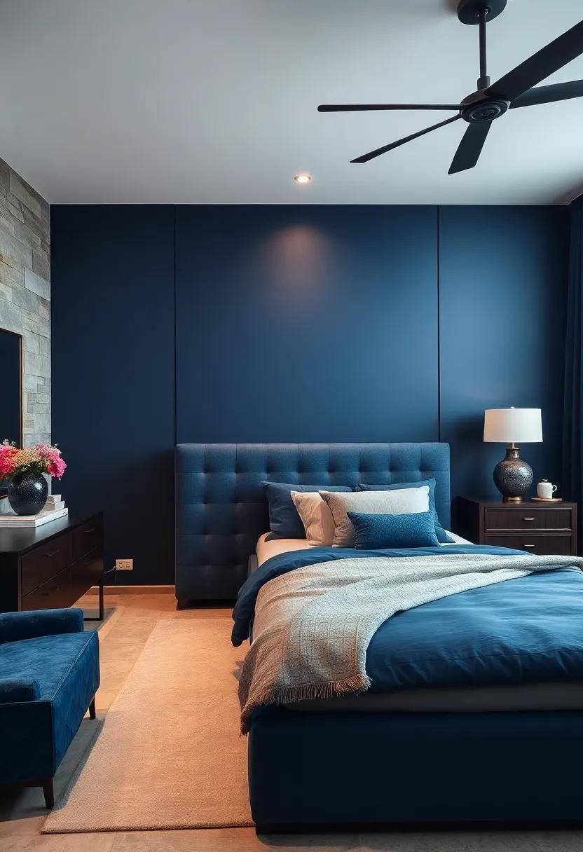Navy Blue Bedroom With Floor-to-Ceiling Bookcases And Plush Reading Nooks Evoking Comfort