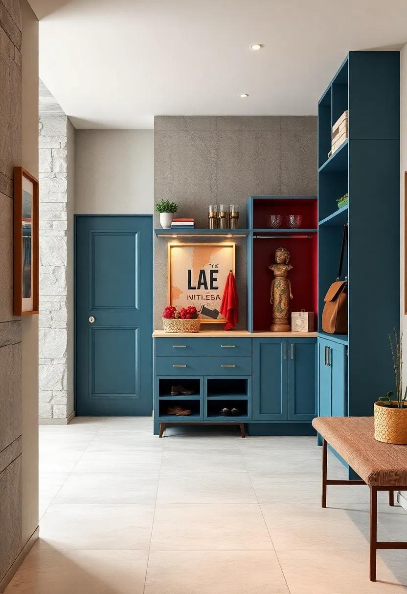 Color-Block Painted Cabinets Offering a Contemporary Twist to Traditional Hallway Storage Units