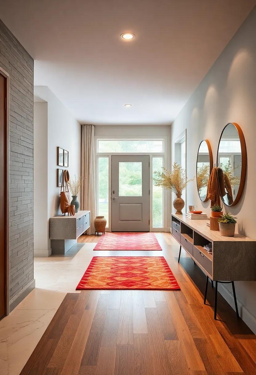 Sleek Floating Consoles Featuring Hidden Compartments for a Clean and Clutter-Free Entry Space