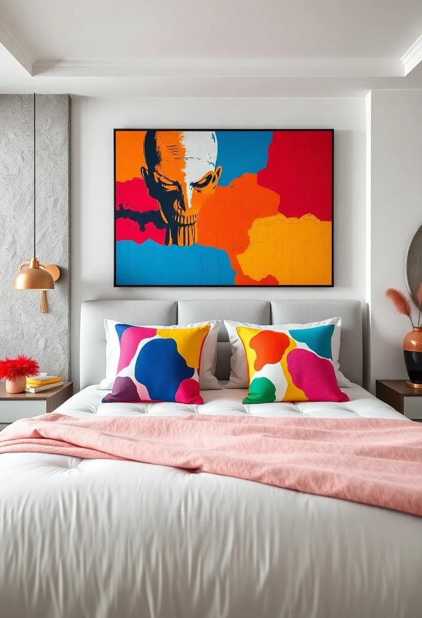 Pop-Art Themed Decorative Pillows Featuring Bold Prints and Primary Colors on Simple Bedding Foundations