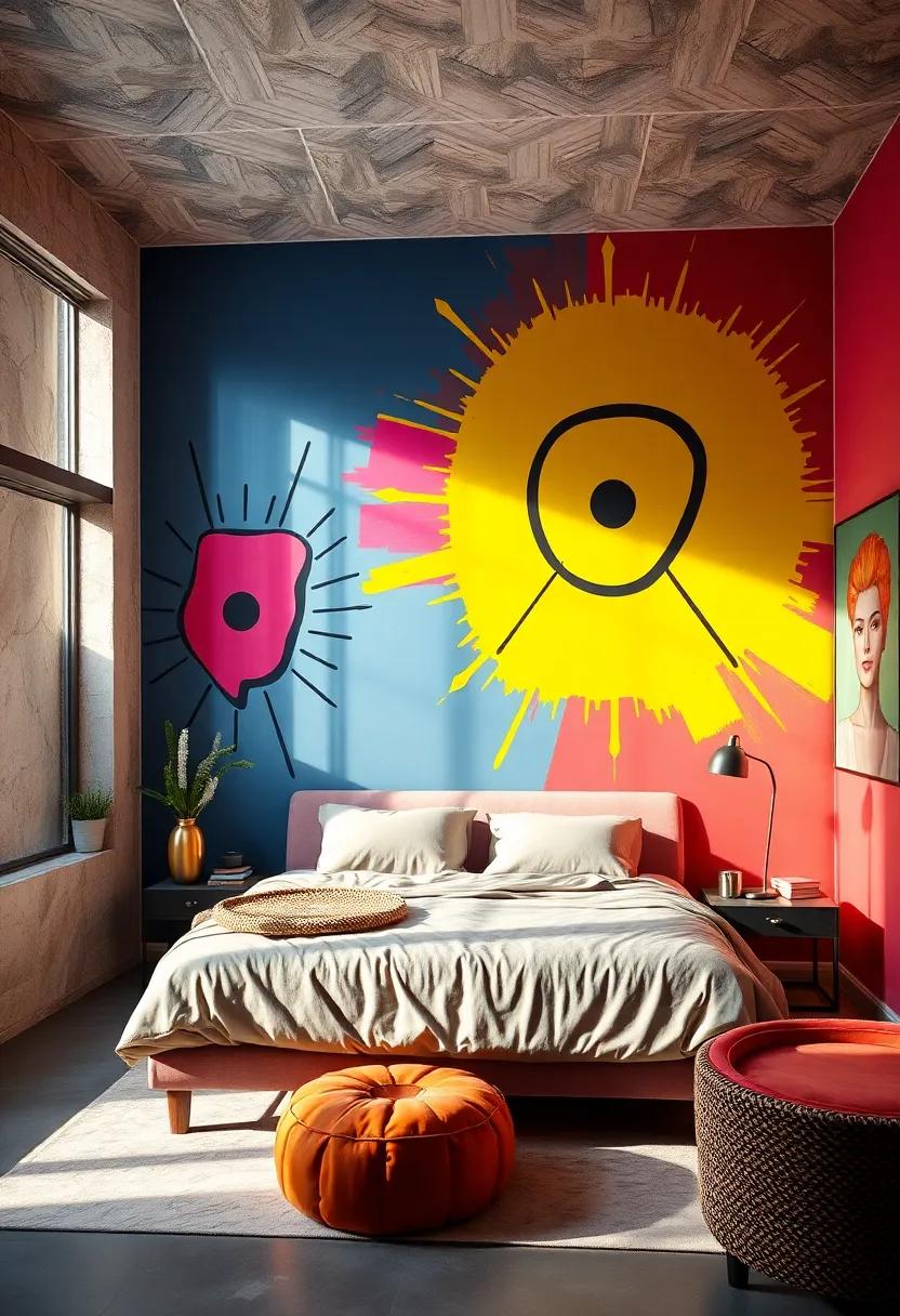Bold Abstract Murals Integrating Iconic Pop Culture Symbols with Vibrant Neon Hues and Sharp Lines
