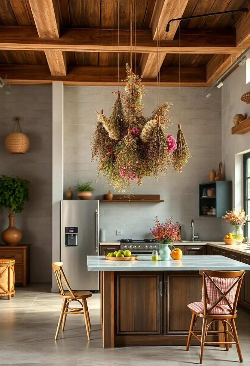 Clusters of Dried Herbs and Flowers Suspended from Exposed Ceiling Beams in Rustic Kitchen