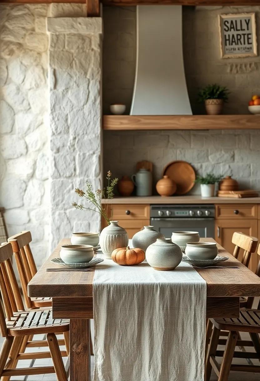Farmhouse Wooden Table Set With Mismatched Hand Thrown Pottery and Linen Tablecloth
