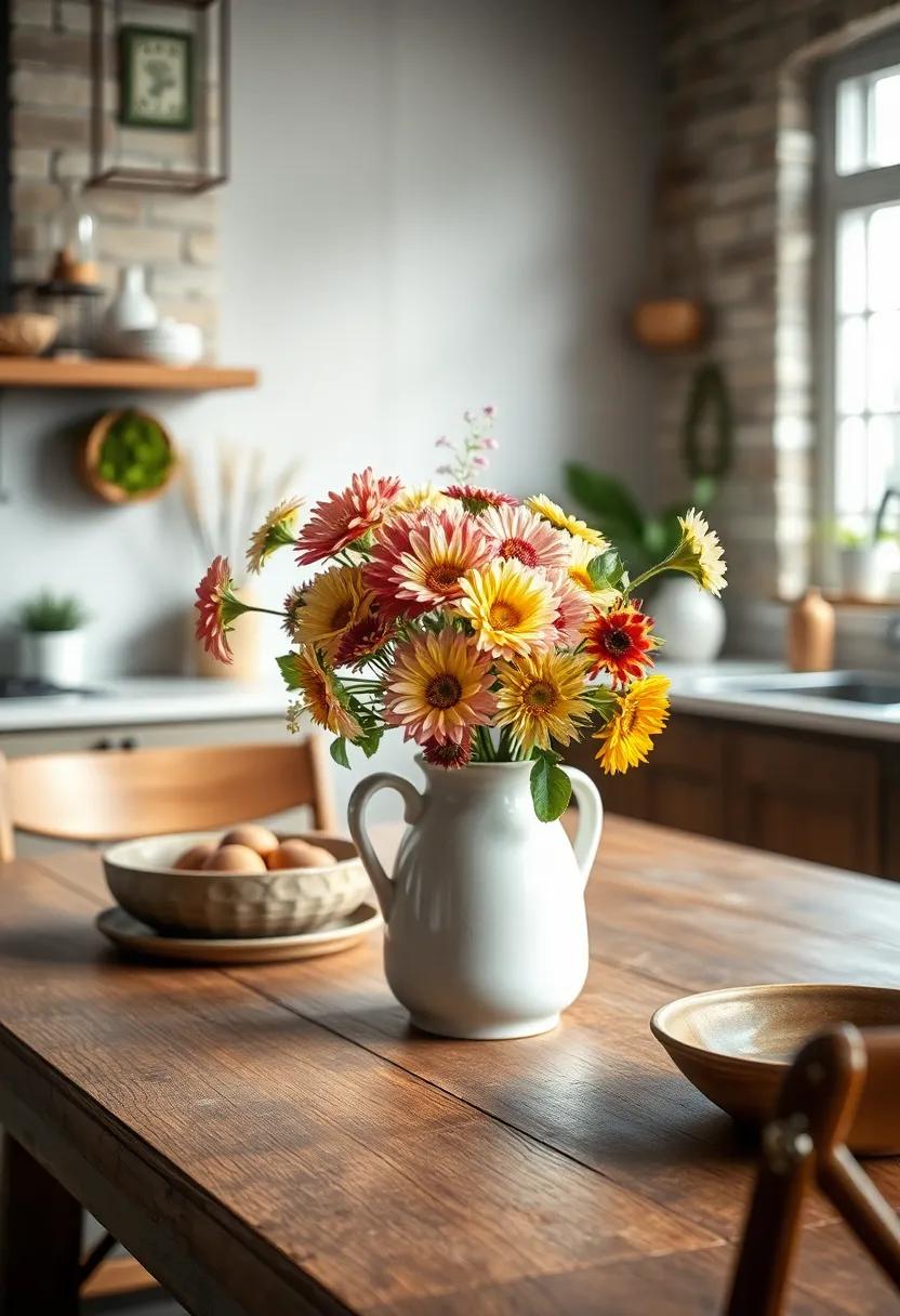 Handmade Ceramic Pitcher Filled With Farmhouse Fresh Cut Flowers on Rough Surface Table