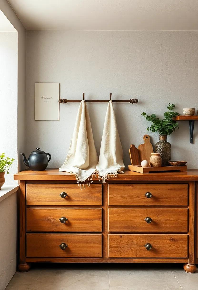 Handwoven Linen Tea Towels Draped Over Aged Wood Drawers With Patina Knobs