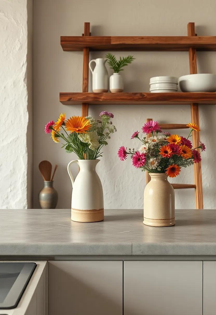 Plump Clay Pitchers Filled With Wildflowers Resting On Rough Wooden Ladder Shelves