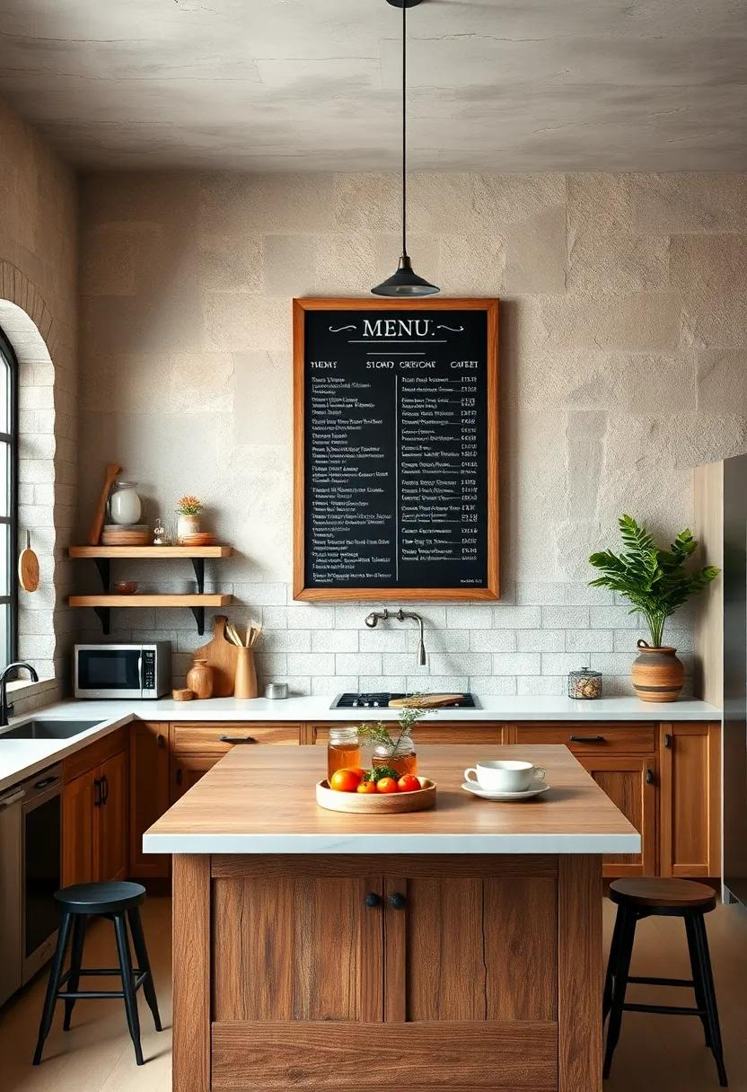 Rustic Chalkboard Menus Hanging Above a Reclaimed Barnwood Kitchen Island