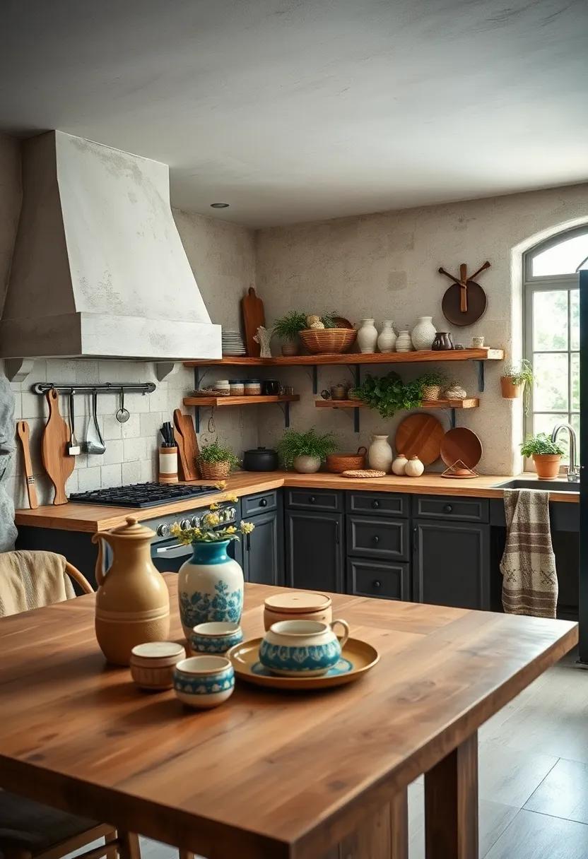 Rustic Kitchen Art Showcasing Weathered Wood and Hand-Painted Ceramics in Harmonious Design