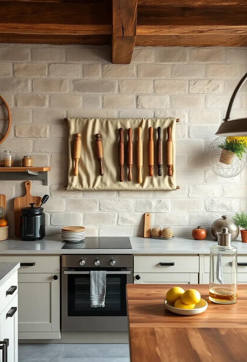 Rustic Kitchen Wall Decor Embellished With Antique Rolling Pins and Rustic Metal Hooks