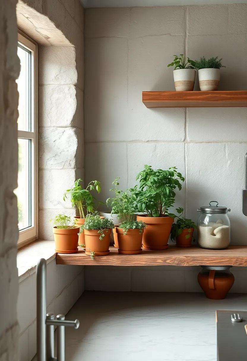 Rustic Kitchen Herb Garden in Clay Pots Nestling on Timeworn Wood Shelves by Window