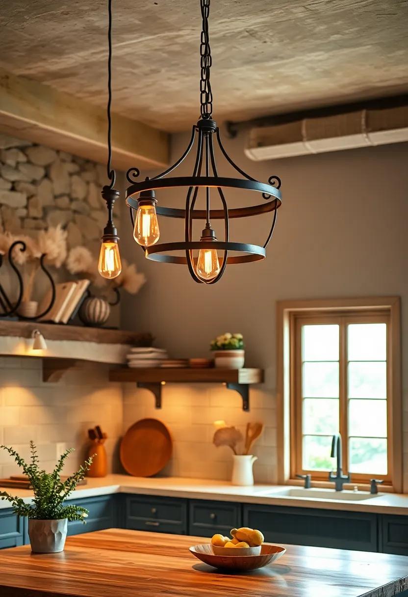 Rustic Kitchen Lighting Featuring Hand Forged Iron Chandeliers Casting Warm Glow