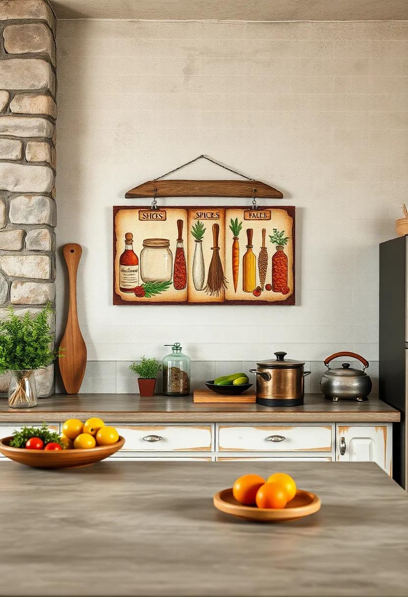 Rustic Wall Art Labels Illustrating Traditional Kitchen Spices Hung Over Aged Countertop
