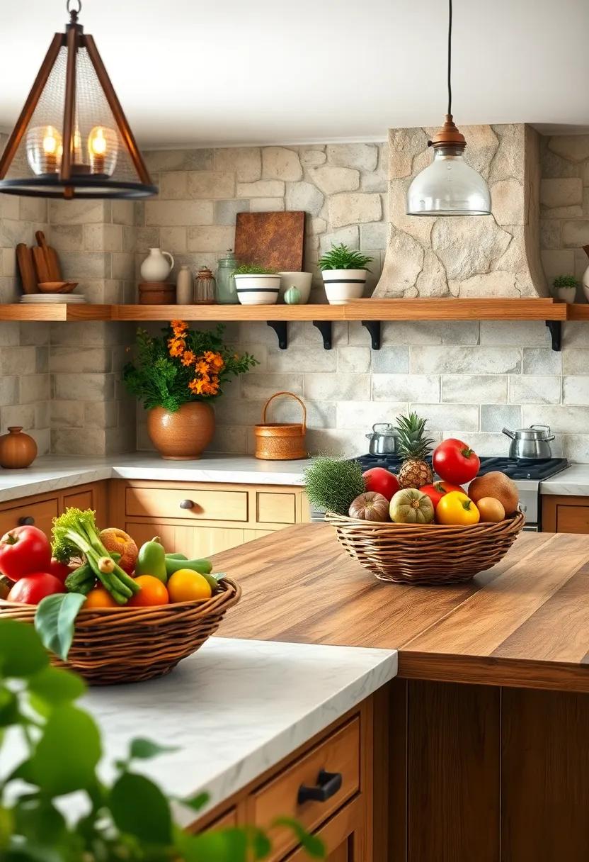 Seasonal Produce Artfully Arranged in Basket Bowls on Weathered Wooden Kitchen Counters