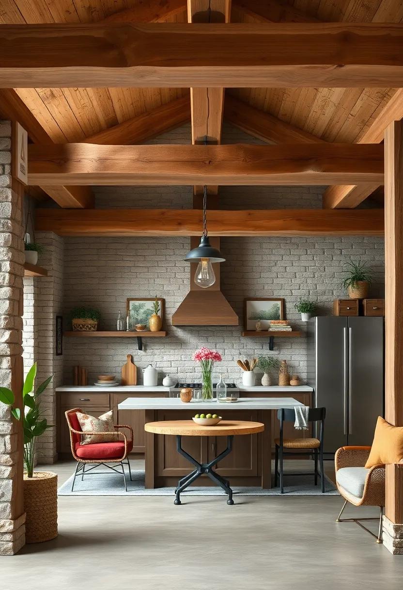Thick Knotty Pine Beams Framing a Cozy Kitchen Nook With Vintage Light Fixtures