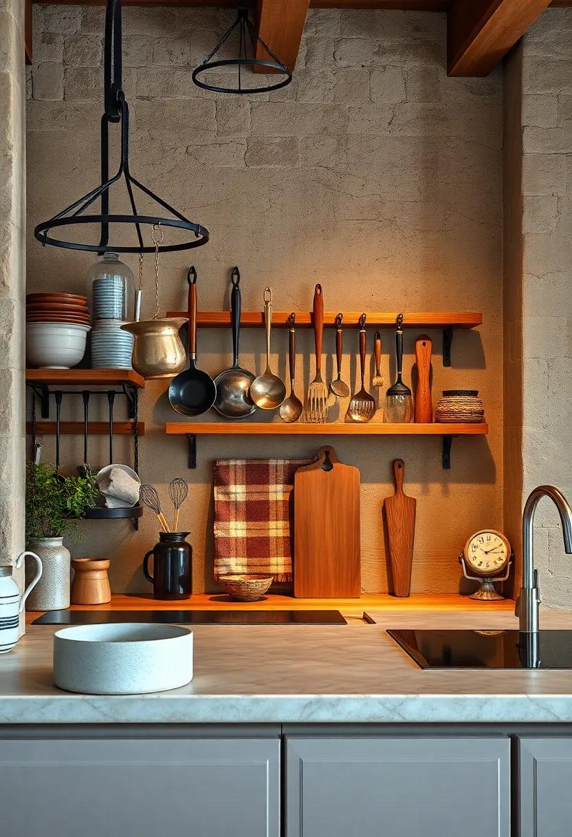 Winding Wrought Iron Racks Displaying Hand Forged Kitchen Tools Amidst Warm Textiles