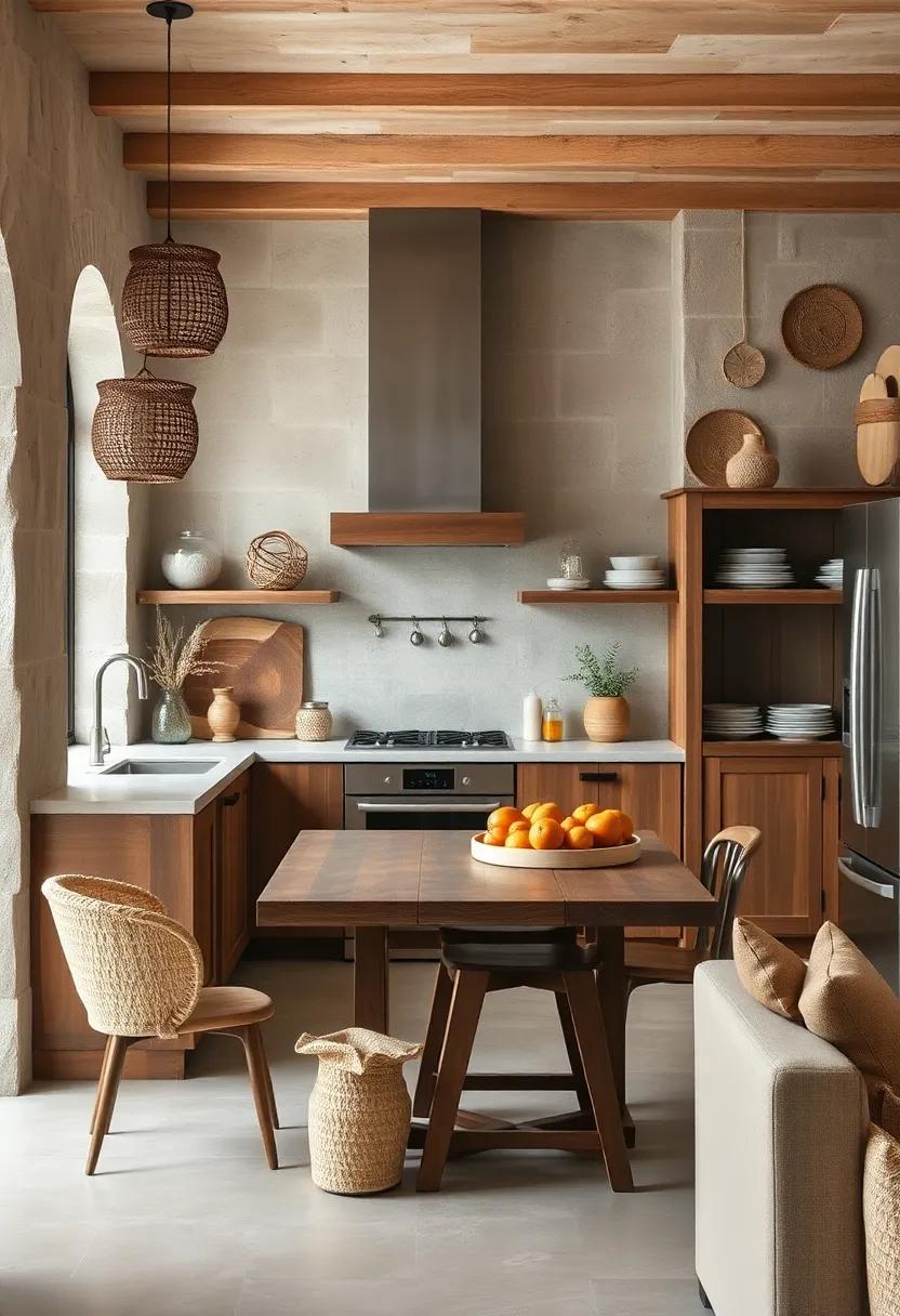 Woven Baskets and Natural Fibers Intertwining with Rough Hewn Rustic Cabinetry