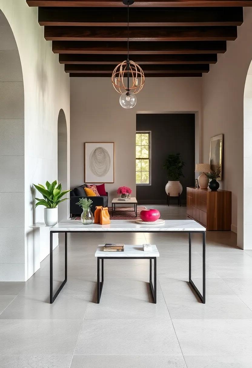 Console Tables Featuring Slim Steel Legs Paired with Marble Tops for a Sophisticated Urban Entryway