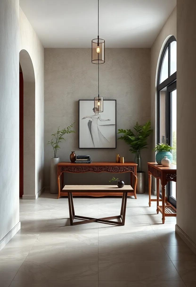 Elegant Wooden Slim Console Tables with Intricate Carvings Adding Warmth and Charm to Narrow Spaces