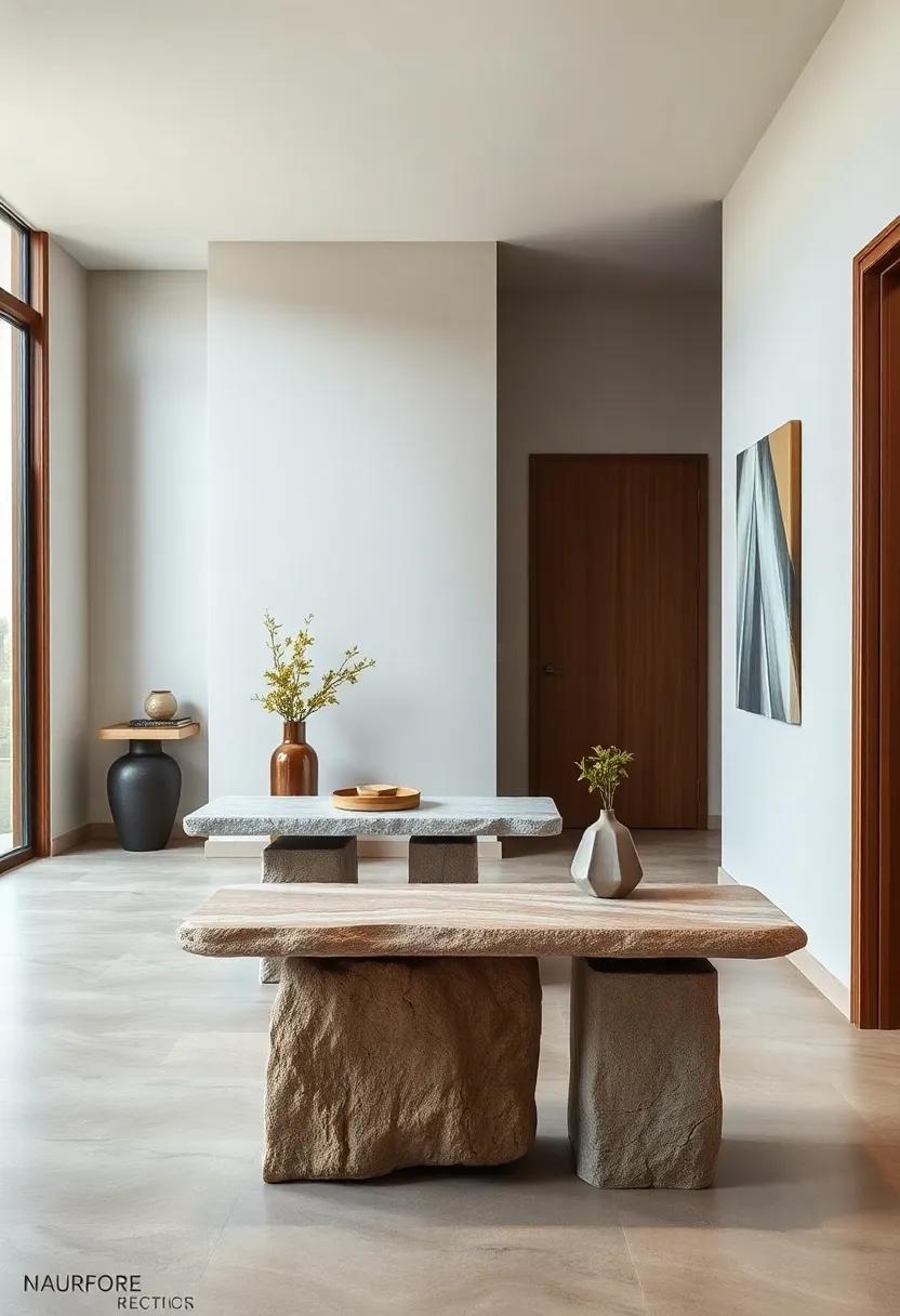 Natural Stone Topped Slim Console Tables Evoking Organic Elegance and Sturdiness in Modern Entrances