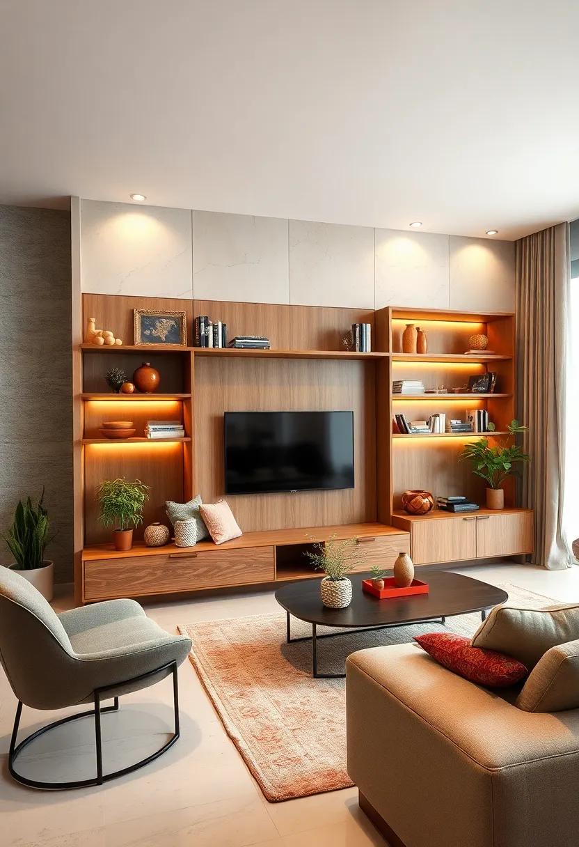 Combining Open and Closed Storage in Wall Units To Keep Your Living Room Clutter Free and Stylish