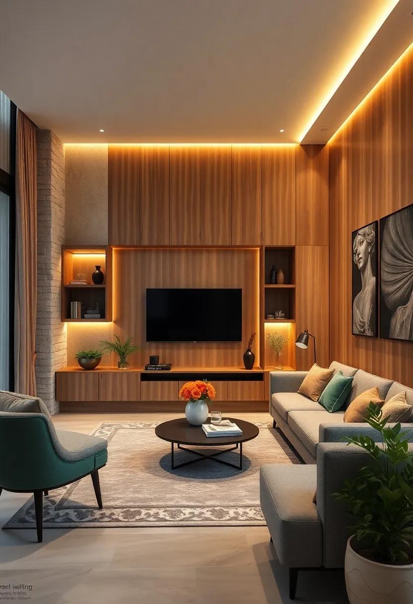 Crafting a Cozy Ambiance Using Warm Wood Toned Wall Units Paired With Soft Ambient Lighting