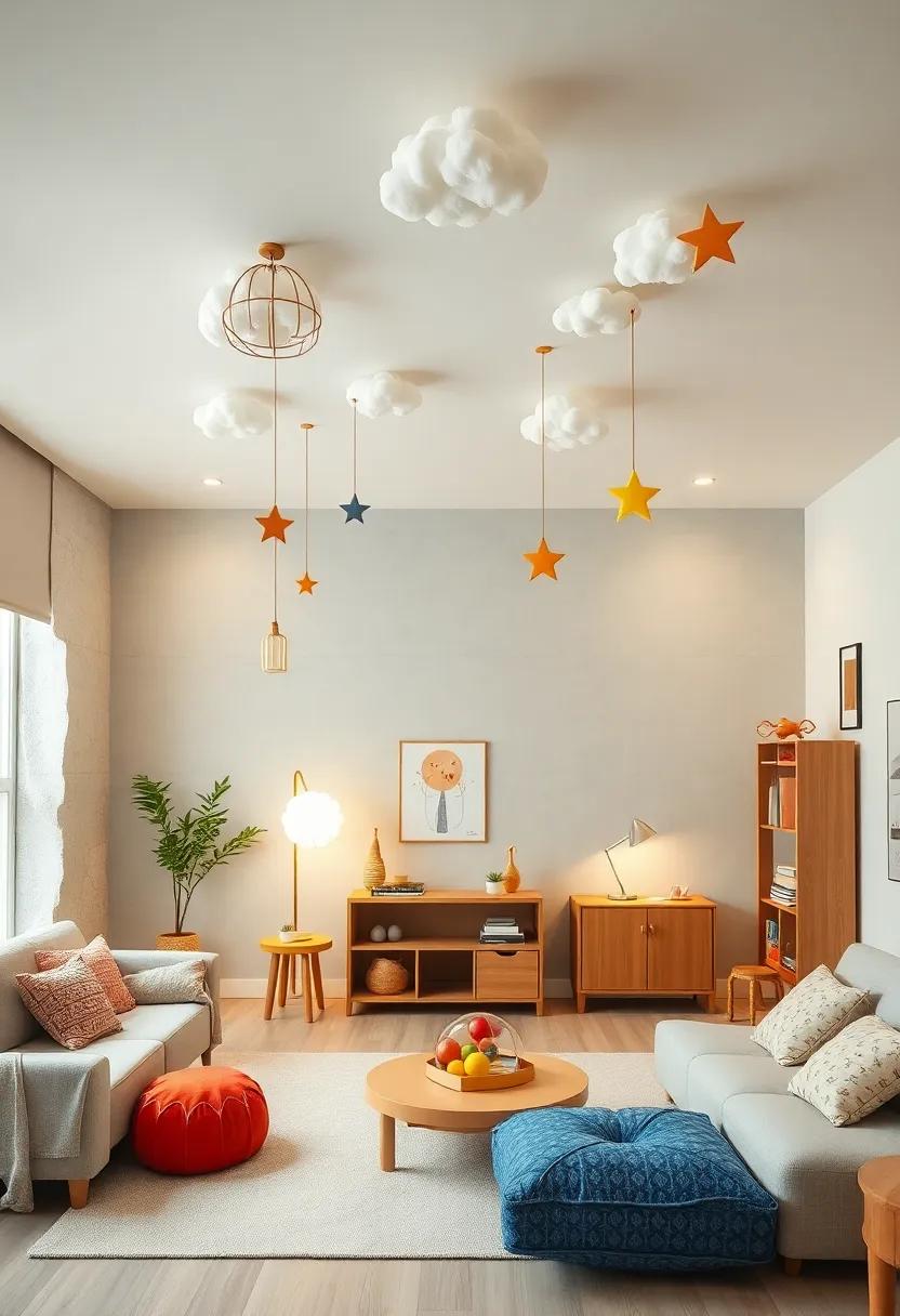 Playful Ceiling Decorations Including Hanging Mobiles, Clouds, and Stars for a Dreamy Ambiance