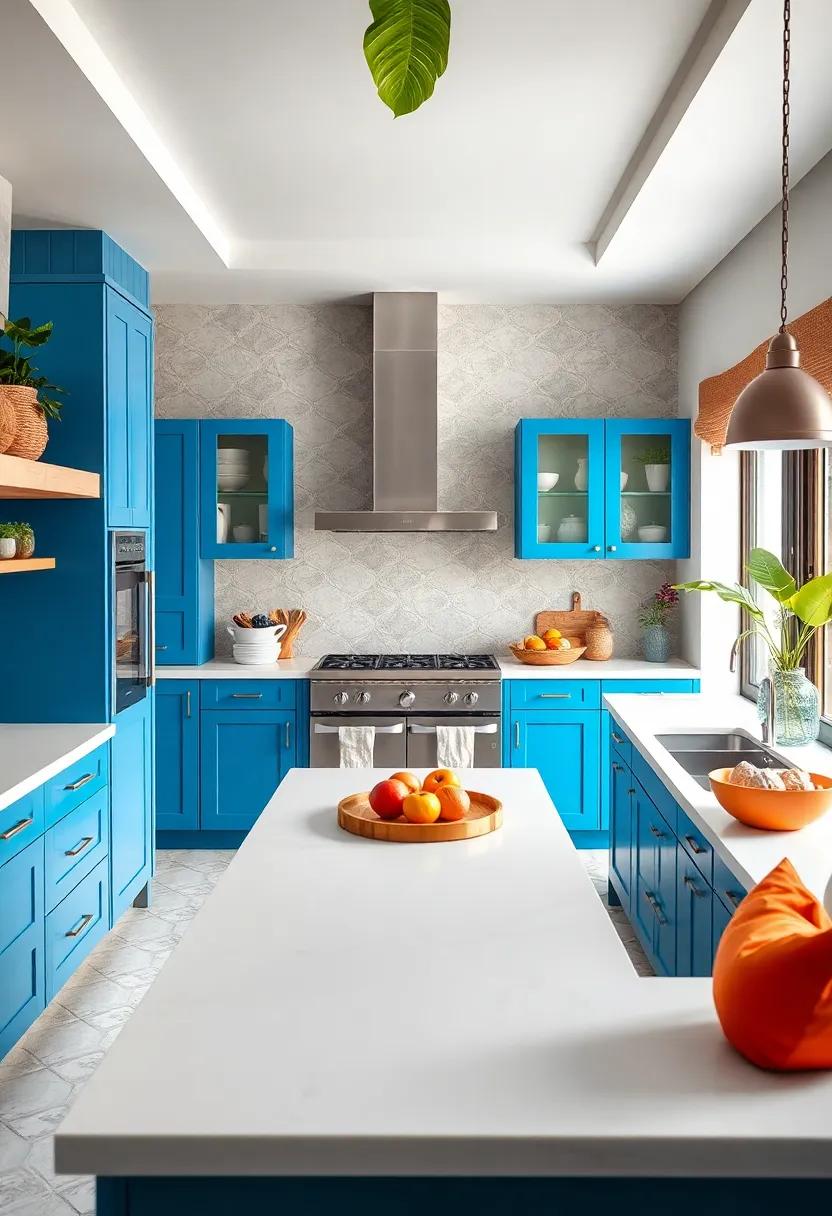Bright Blue Cabinets Contrasted with Warm White Countertops Crafting Inviting Tropical Kitchens