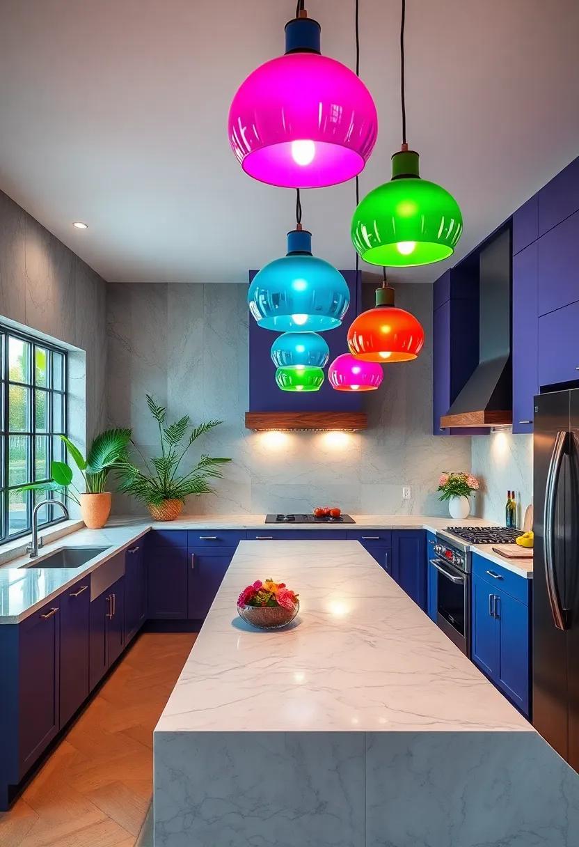 Colorful Pendant Lights Suspended Over Marble Countertops Creating Tropical Kitchen Drama